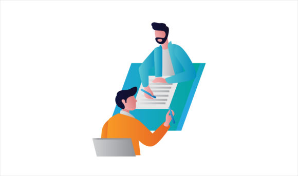Flat Illustration Two Men Discussing Graphics